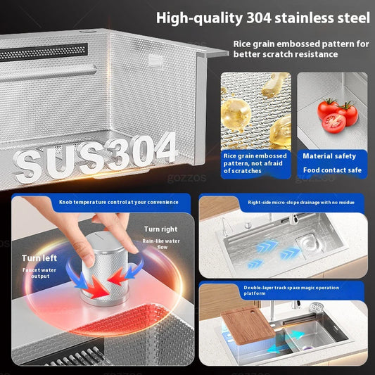 Stainless Steel Waterfall Kitchen Sink Multifunctional Scratch Resistant Wash Vegetables Basin Household Large Single Slot