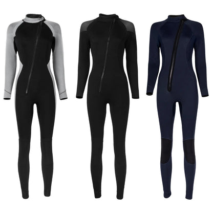Women 3mm Neoprene One-Piece Thermal Wetsuit Mock Neck Long Sleeve Front Zipper Jumpsuit for Swimming Surfing Snorkeling Diving.