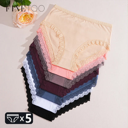 FINETOO 5Pcs Women Cotton Lace Underwear Sexy Seamless Breathable Panties Plus Size Mid-Waist Briefs Female Solid Soft Lingerie.