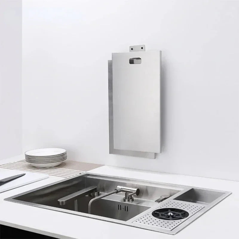 Black Concealed Kitchen Sink with Lid Stainless Steel Multifunctional Bar Built-In Vegetable Sink with Cup Wash Middle Downspout