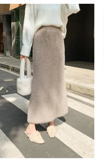 Autumn Winter New Knit Long Skirt Women Casual Thick Korean High Waist Soft A-Line Skirt.