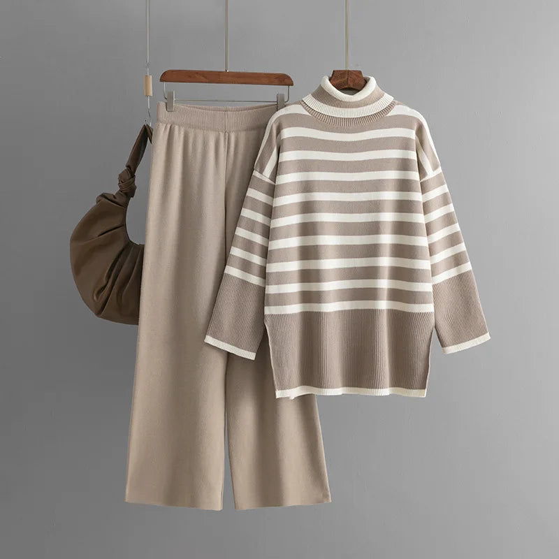 Muslim Women Knitting 2 Piece Sets Striped Sweater Pullover Top Wide Leg Pants Suit Outfits Knitwear Turtleneck Ensemble 2025.