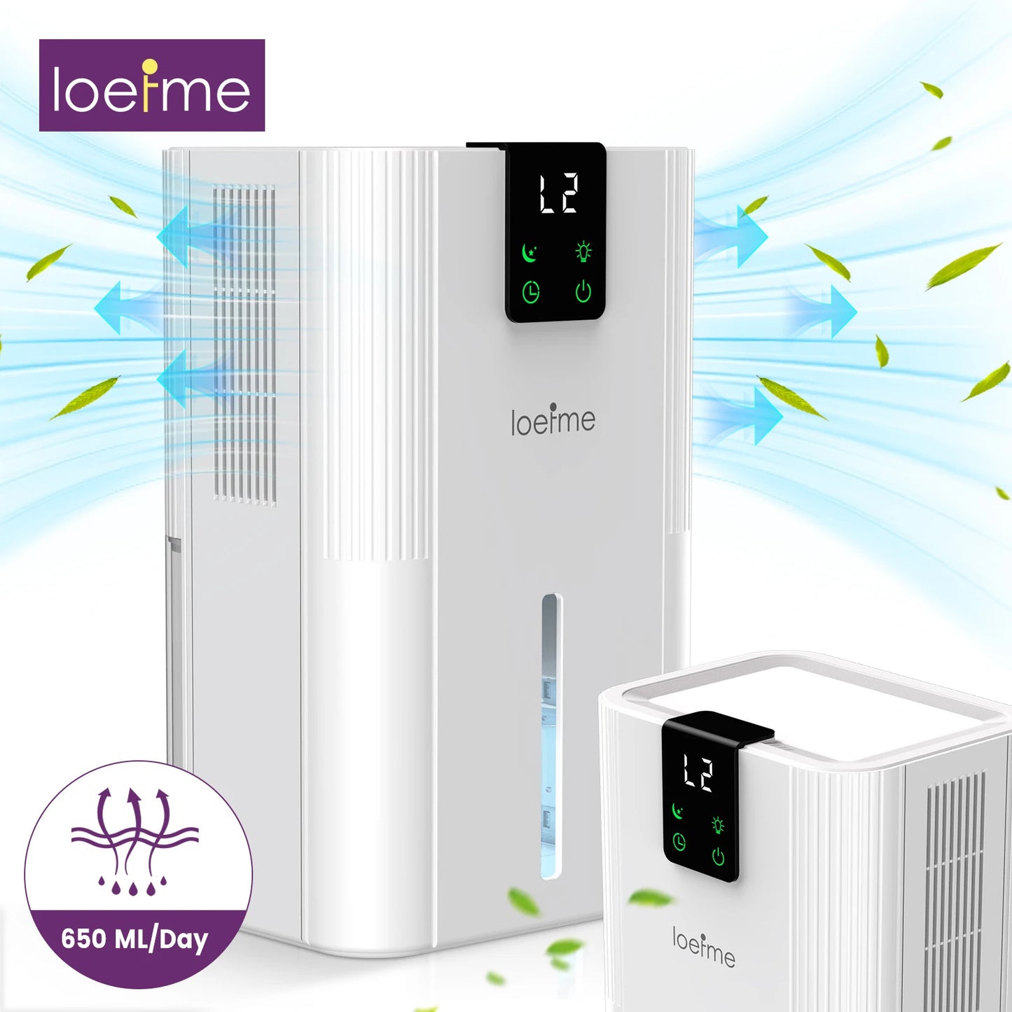 LOEFME Silent Dehumidifier 2.8L Large Air Dehumidifier 650ml/Day with Touch Display LED Light for Home Bedroom Office Basement.