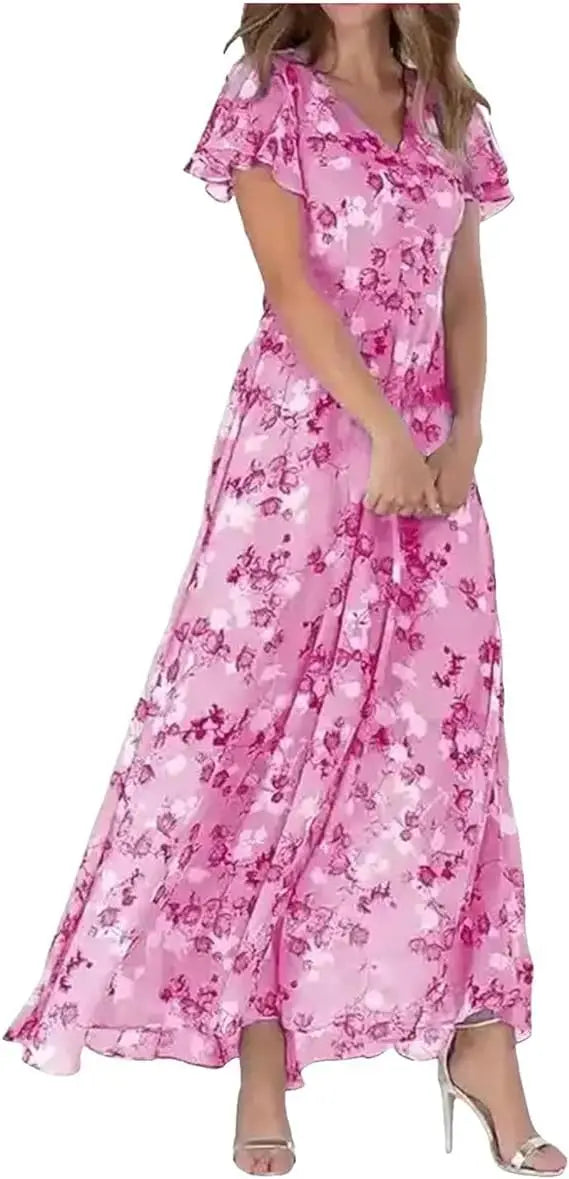 Frauen Elegante Blume Langes Kleid Casual Rüschen Kurzarm V-ausschnitt Spitze-up Party Kleider 2025, Boho Stil Hohe taille Kleid Weibliche.