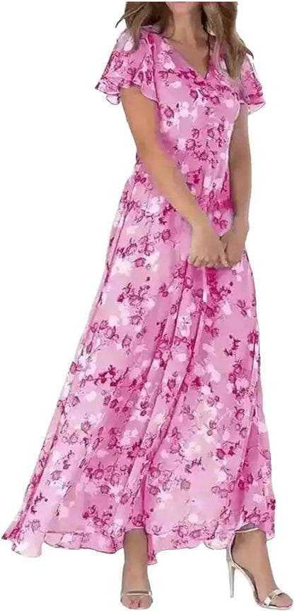 Frauen Elegante Blume Langes Kleid Casual Rüschen Kurzarm V-ausschnitt Spitze-up Party Kleider 2025, Boho Stil Hohe taille Kleid Weibliche.