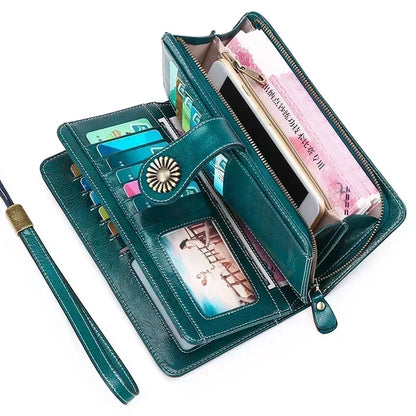 Vintage Large Capacity Women's Purse, Oil wax skin, Multi-card, Long Wallet, Multi-function Zipper Strap, Wrist Strap, New.