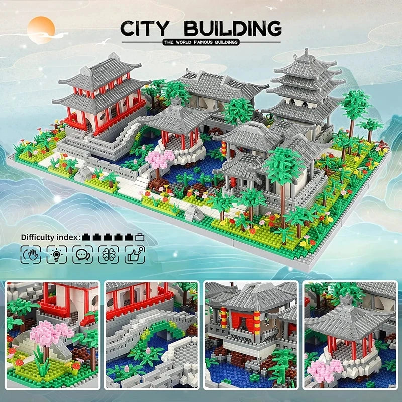 Lezi Architecture Ancient Pavilion Temple Tower Lake Garden Gate LED Light Model Mini Diamond Blocks Bricks Building Toy no Box.
