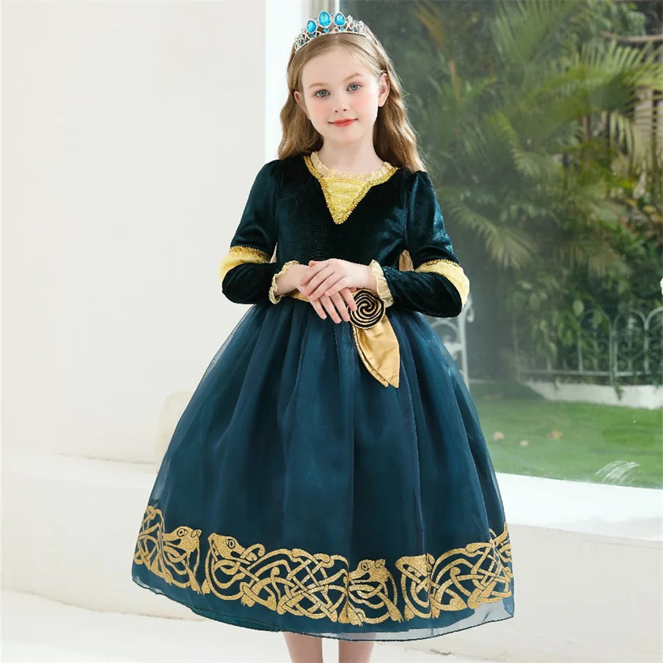 Girls Merida Cosplay Princess Dress Children Stage Performance Clothes Kids Halloween Carnival Party Long Sleeves Outfits
