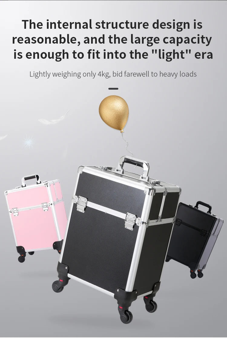 TravelRolling Makeup Train Case Large Capacity Cosmetic Trolley, Aluminum Professional Travel Case with Key.