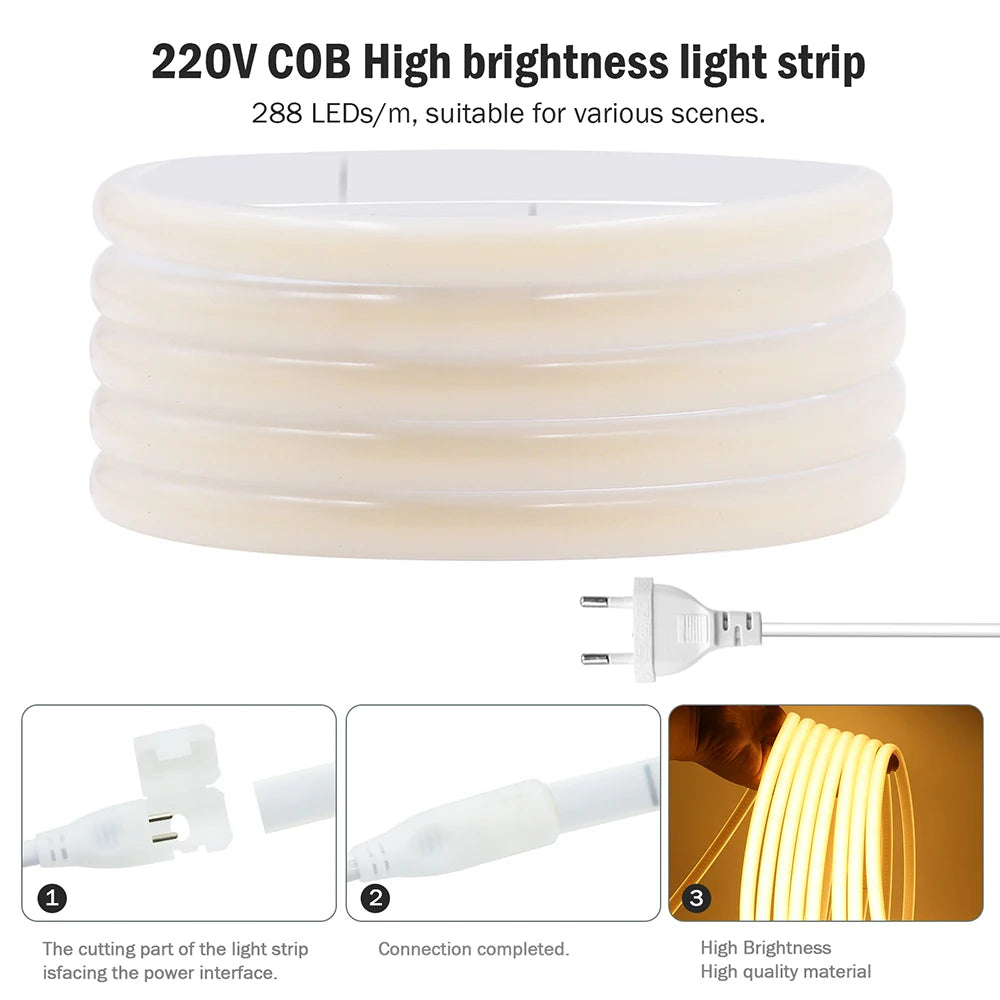 220V Dimmable COB LED Neon Strip Light Dimmer Switch Plug Kit Waterproof 288 LED Flex Tube Lamp Hight Bright Warm/Natural White.
