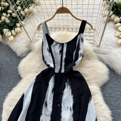 Neue Sommer Druck Süße Kleid Träger O Neck Backless Split Elegante Damen Urlaub Strand Party Midi Sommerkleid.