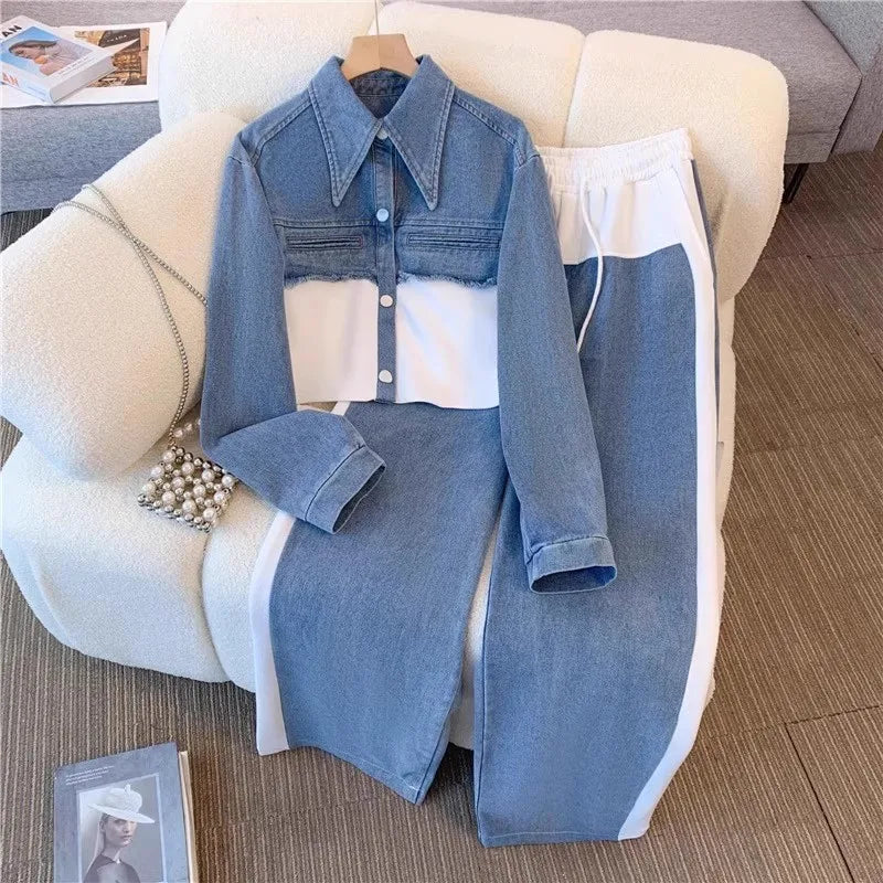 Two Piece Sets Women Pant Set Denim Splice Matching Sets Spring Top Wide Leg Long Pants Casual Loose Lace Up High Waist Jogger.