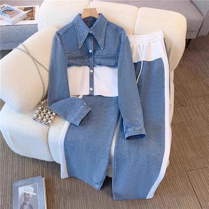 Two Piece Sets Women Pant Set Denim Splice Matching Sets Spring Top Wide Leg Long Pants Casual Loose Lace Up High Waist Jogger.