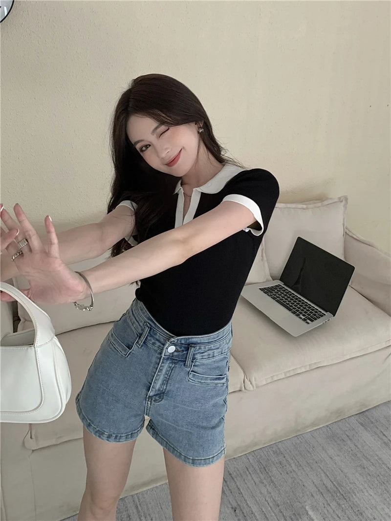 Jielur Spell Color Polo Knitting Women's Blouses Slim Sexy Short Sleeve Summer New Casual Female Blouse Chic Simple Office Lady