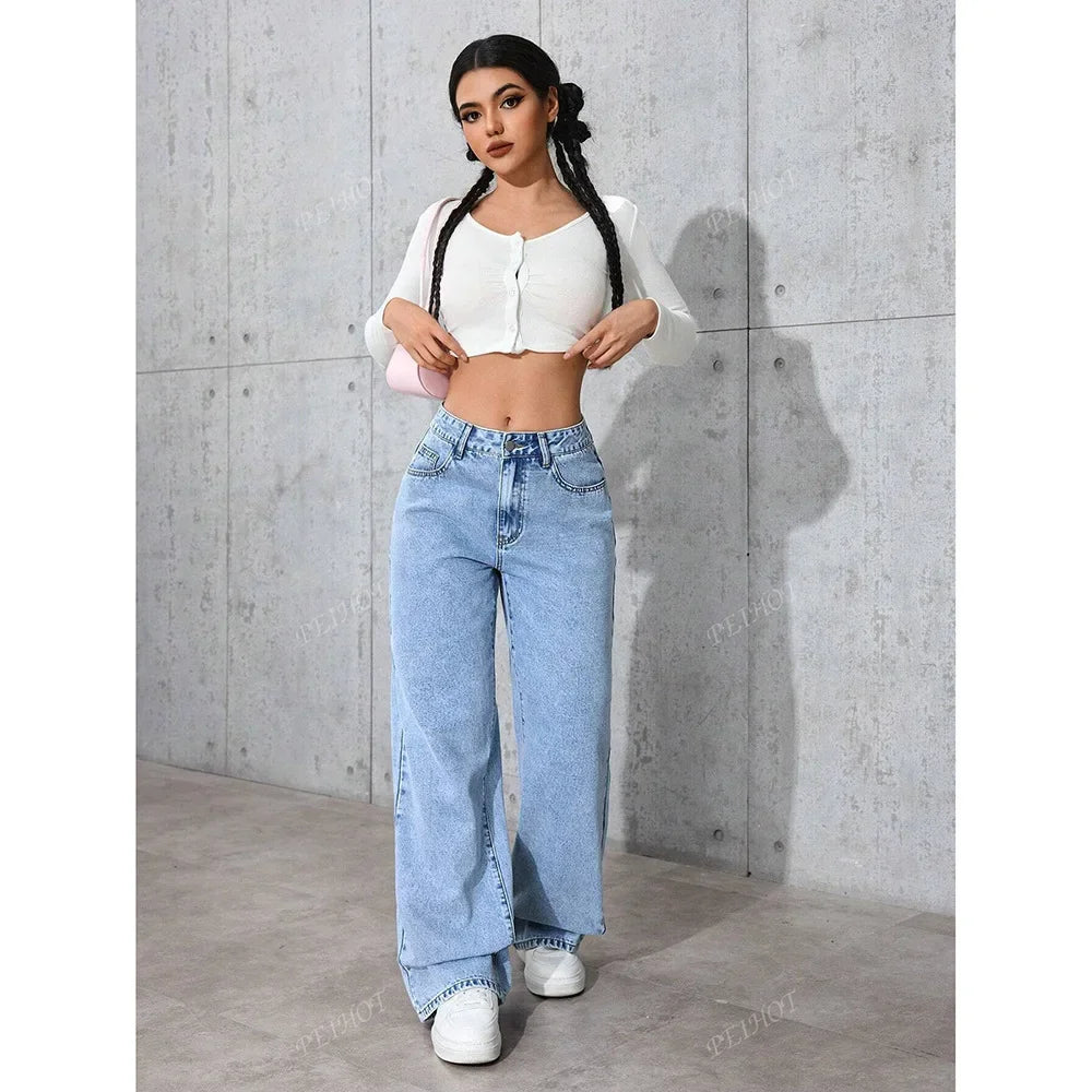 Fashionable Loose Women's Jeans High Waist Straight Leg Summer New Style Printed Trendy Cross-Border Denim Pants.