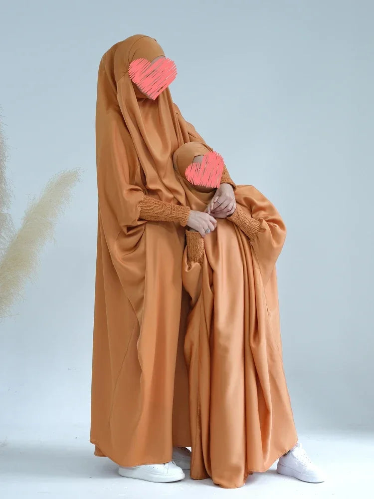 Ramadan Muslim Robe 2 Piece Set Mommy & Kids Prayer Garment Hijab Dress Women Girls Hooded Abaya Niqab Islam Dubai Eid jilbab.