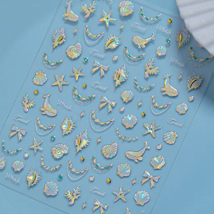 Ocean Theme 5D Nail Sticker Summer Beach Seashells Starfish Conch Scallop Shell Coral Self Adhesive Decoration Manicure Decal