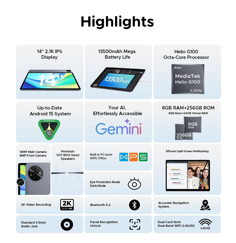 Doogee 2 in 1 Tablet Pc Tab E3 Max Gmini Ai 14" 2.1K Display Android 15 32Gb (8+24) 256Gb 13500Mah Battery Helio G100 Tablet Pc.