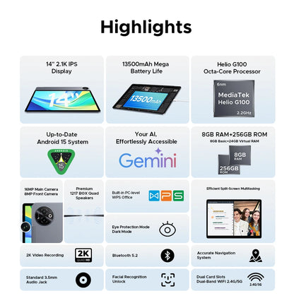 Doogee 2 in 1 Tablet Pc Tab E3 Max Gmini Ai 14" 2.1K Display Android 15 32Gb (8+24) 256Gb 13500Mah Battery Helio G100 Tablet Pc.