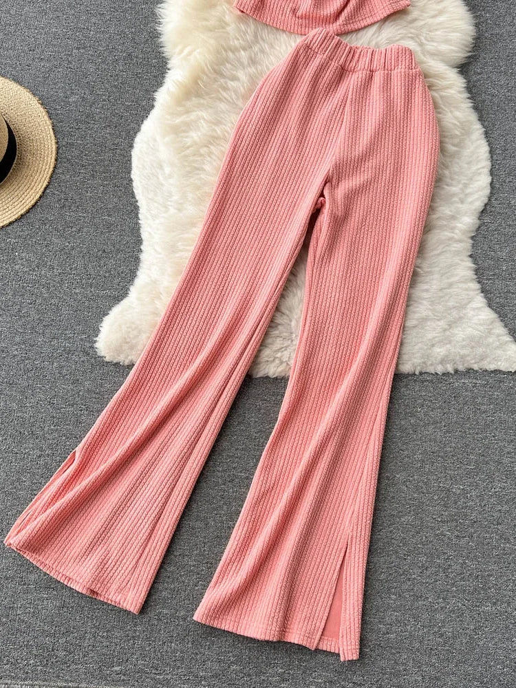 Korean Suits Women's Two Piece Set Summer Slim Fit Sleeveless O-neck Tops High Waist Slits Trousers Two-piece Suit Female D1109