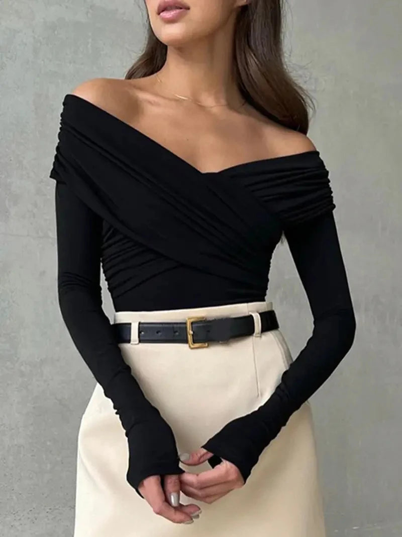 New Solid Sexy Off Shoulder Bodysuits Women Fashion Crossed Folds Skinny Rompers Long Sleeve Fashion Streetwear Autumn Bodysuits.