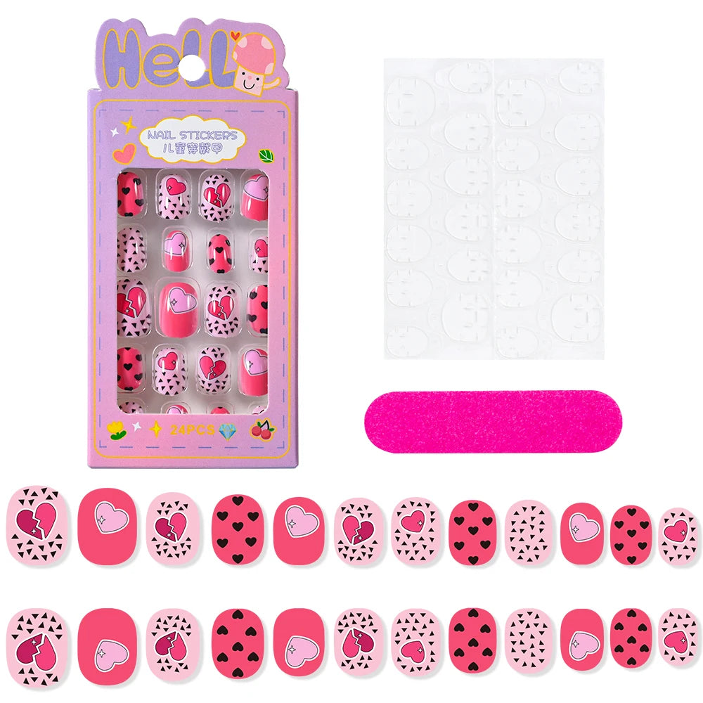 24Pcs/box Kids nails for Girl Cartoon Pattern False Nail Cute Child Fake Nails Tips Kawaii Acrylic Artificial Press on Nail+Tool