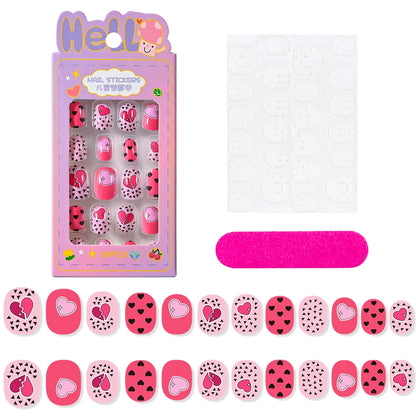 24Pcs/box Kids nails for Girl Cartoon Pattern False Nail Cute Child Fake Nails Tips Kawaii Acrylic Artificial Press on Nail+Tool