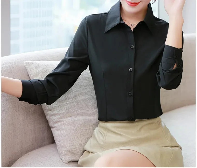 Elegant Women Shirts Woman White Shirt Long Sleeve Blouse Office Lady business Pink Shirts Button Solid Women work Blouses Tops.