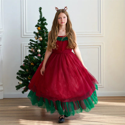 Mädchen Rot Grün Weihnachten Ballkleid Kinder Hochzeit Ball Party Abendkleid Prinzessin Vestido Kinder Karneval Leistung Kleidung.