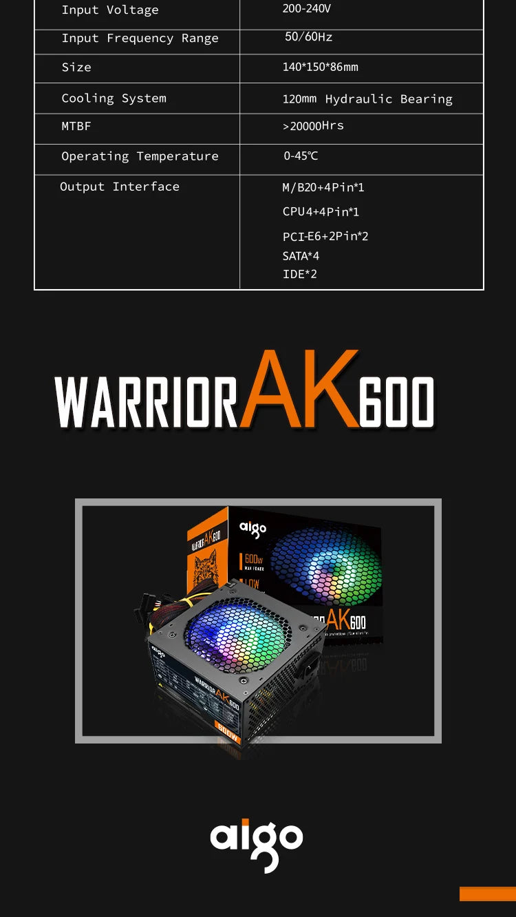 Aigo AK PC PSU Power Supply Unit 500W 600W 700W 800W 1000W Gaming 120mm RGB Fan 220V ATX Desktop computer Power Supply for BTC.