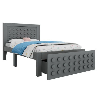 Jugendbett mit kreativem Blockdesign, Gestell aus Massivholz mit Gitterrost, mit Stauraum unter dem Bett, ohne Matratze