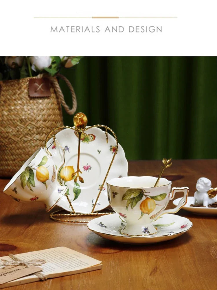 European Style Ceramic Mug Coffee Cup and Saucers Set Lemon Pattern Retro Afternoon tea cup Dessert Plate Teapot Home kettle.