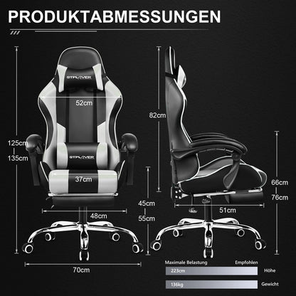 GTPLAYER Gaming Stuhl mit Massage, Ergonomischer Schreibtischstuhl mit Fußstütze, Kopfstütze, Drehstuhl für Büro und Gamer