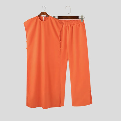 INCERUN Men Sets Muslim Clothing Saudi Arabia Solid O-neck Sleeveless Kaftan Jubba Thobe & Pants 2PCS 2024 Islamic Men's Suits.