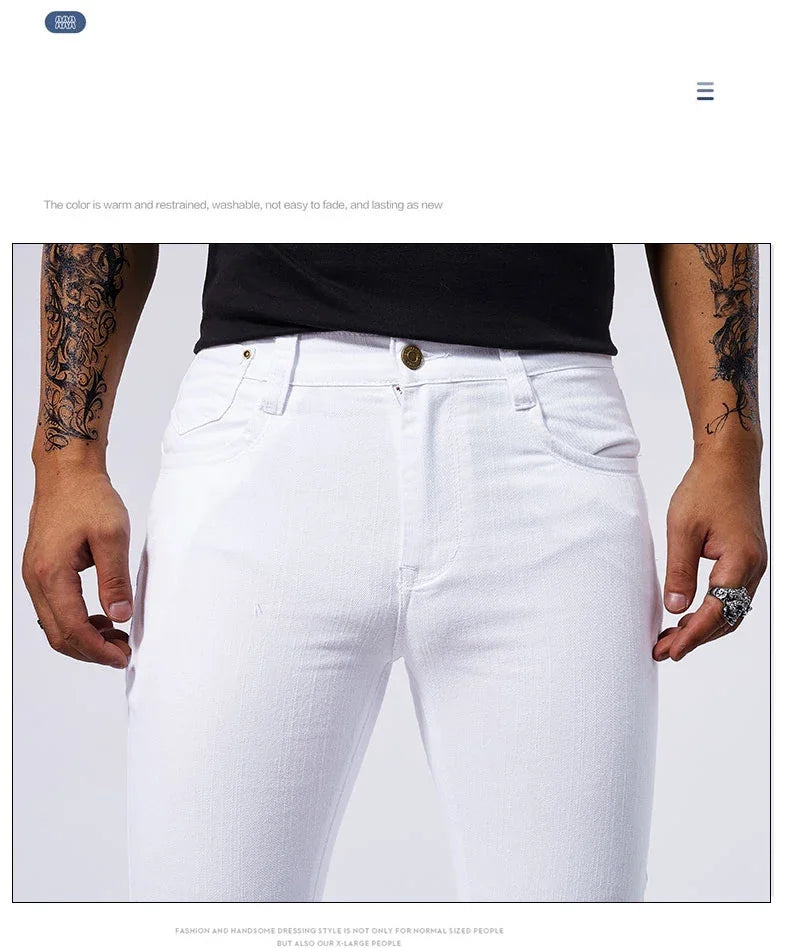 Men's White Casual Jeans New Denim Pants Comfortable Fashion Stretch Slim Fit Straight Trousers Male Clothing Streetwear.