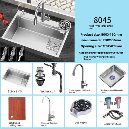 Stainless Steel Kitchen Sink Household Large Single Slot Wash Dish and Wash Vegetables Basin Multifunctional Undermount Basin