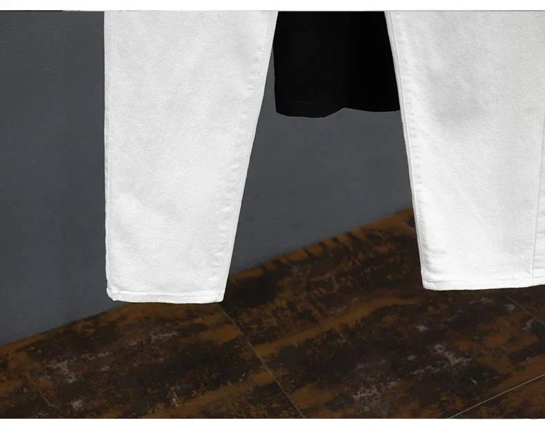 White Jeans Men's Slim Straight Ankle-length Soft Comfort Elastic Denim Trousers Fashion Korean Basic Casual Pencil Pants.