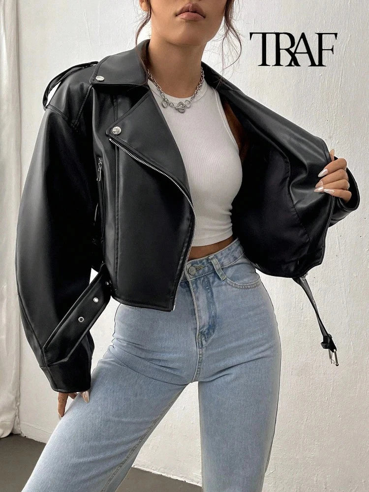TRAF Damen Vintage lose Lederjacke Gürtel Schulter Abzeichen Zip Revers Jacke Handsome Washed Leder Motorrad Kleidung.