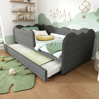 Gepolstertes Tagesbett 90x190cm, Tagesbett Schlafsofa mit ausziehbarem Bett 90x190cm, Kinderbett mit Gitter ohne Matratze