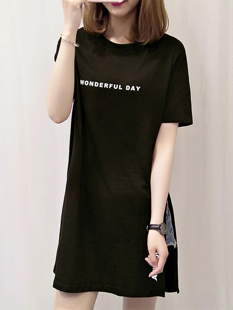 WONDERFUL DAY Print Long T shirts Summer Women Loose Slit Femme Tops  Tshirt Short sleeve Ladies t-shirt.