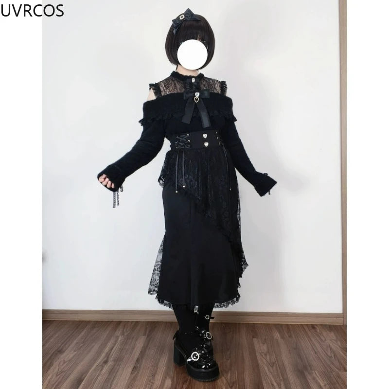 2025 Y2k Aesthetic Harajuku Style Lolita Long Skirt Women Gothic Lace Black Slim Skirts Japanese Jk Pleated Skirt Saia Feminina.