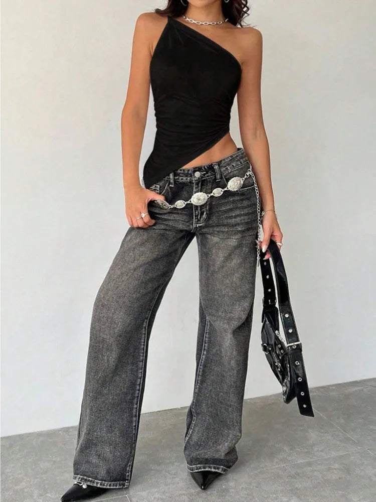 2025 New Fashionable Casual Women's T-Shirt Solid Color Single Shoulder Asymmetrical Slim Fit Top One-Piece Neck.