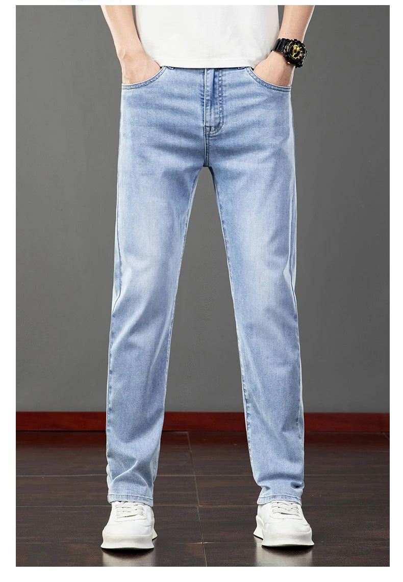 Spring Summer Thin Slim Fit Jeans Mens Elastic Straight Casual Business Denim Pants Washed Classic Brand Clothing Men Trousers.