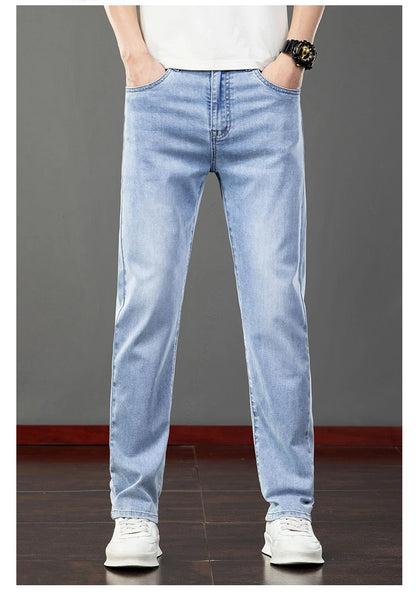 Spring Summer Thin Slim Fit Jeans Mens Elastic Straight Casual Business Denim Pants Washed Classic Brand Clothing Men Trousers.