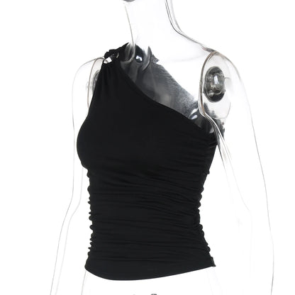 Hugcitar Women'S Fashion Sexy One Shoulder Solid Ruched Sexy Crop Tank Top Summer Clothes Streetwear Party Festival Wholesale.