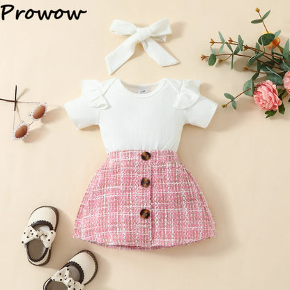 Prowow Günstige Preis Kleidung Baby Mädchen Outfits Set Niedlichen Elefanten Body und Hosenträger Kleid 3 stücke Neugeborene Geburt Set Kleidung.