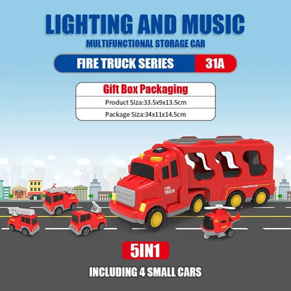 5pcs Kids Toy Construction Vehicles Transport Truck Carrier Toy Truck For Toddler Boys Girls Fire Truck Gift For Boys And Girls.
