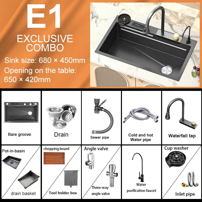 Large Single Slot Embossed Stainless Steel Waterfall Kitchen Sink  Household Wash basin Dishwashing  Sink For Kitchen