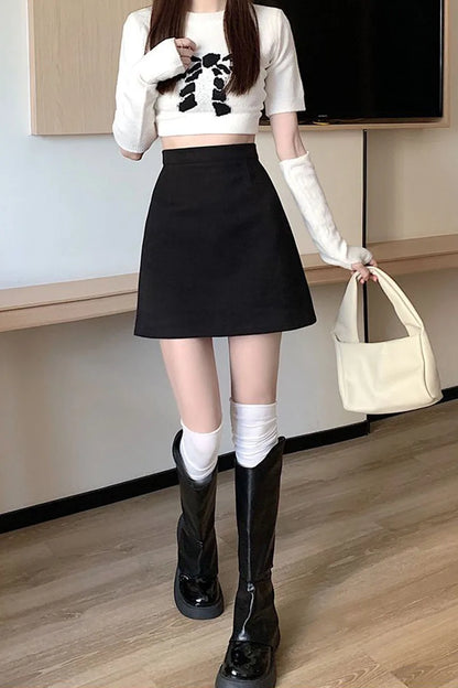 Autumn Winter Womens Woolen Skirt 2024 New Korean Style High Waist Bodycon Mini Skirts Ladies College Style Zipper A-Line Skirt.