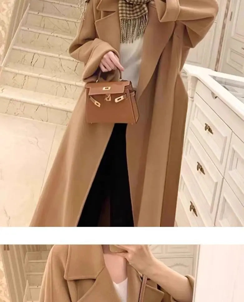 Mode Schwarz Lange Woolen Mantel Mit Gürtel Frauen Lose Revers Mantel Herbst Winter Warme Dame Oberbekleidung High Street.